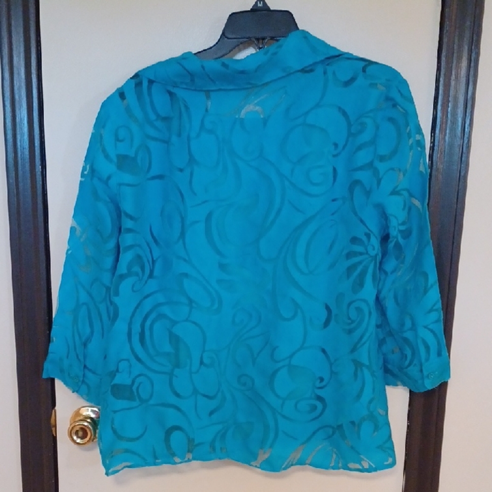 Notations Teal Sheer Button-Down Shirt With Matching Tank - Picture 2 of 10